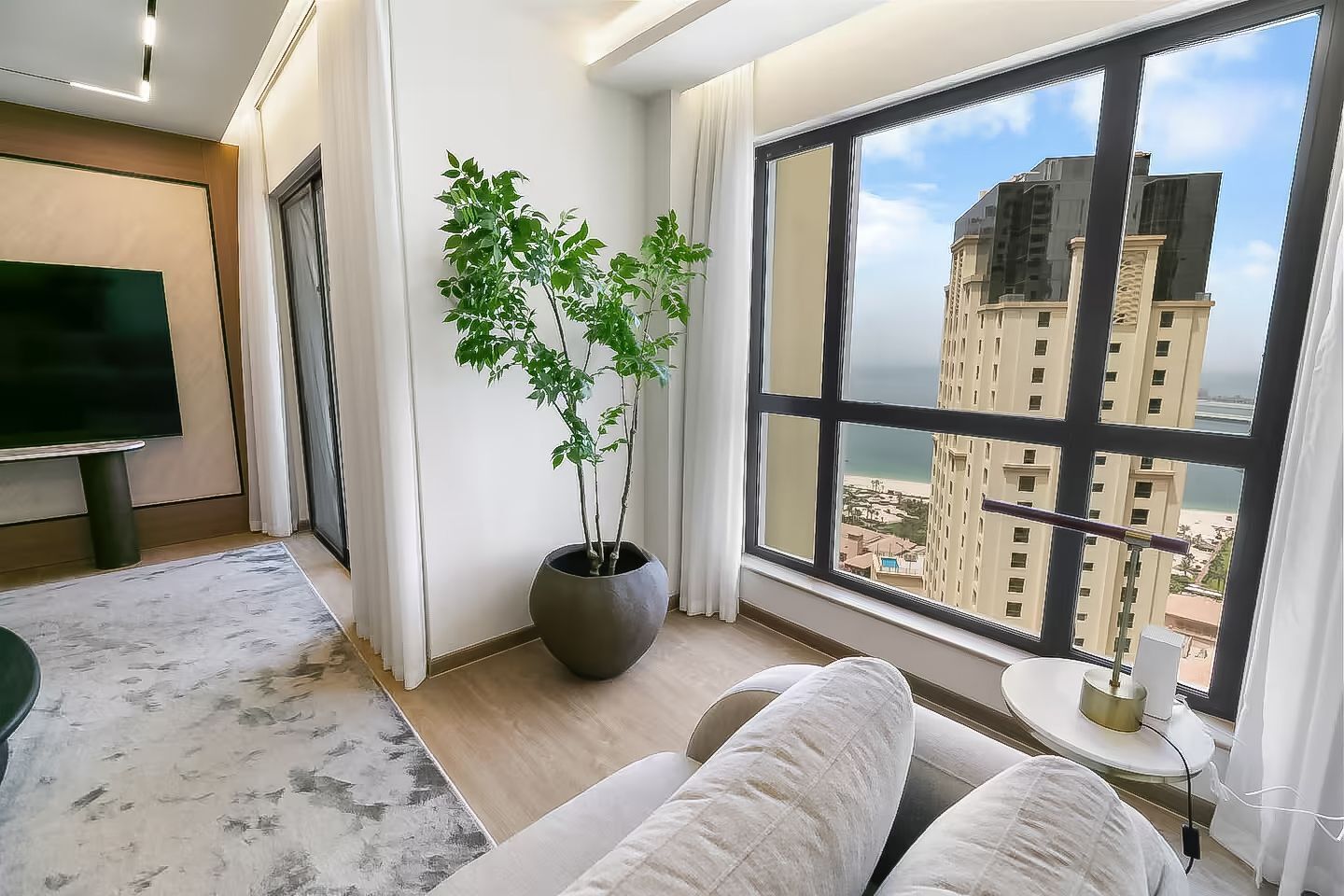A modern living room with a large window, a flat-screen TV, a potted plant, and a sofa.