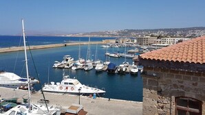A marina with boats docked, a clear blue sky, and a coastal town in the background.