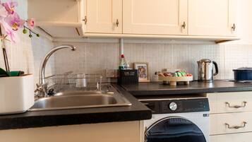 A kitchen with a sink, dishwasher, and cabinets. There is a plant, a kettle, and a bottle on the counter.