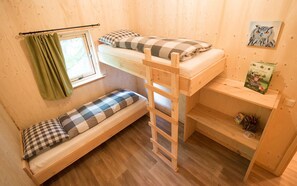A compact wooden room with a bunk bed, a small window with curtains, a ladder, and a shelf with books and a small plant. - Boshuis Dora | Gezinshuis met escapespel op d`n Mastendol | Rijen (Rijen)