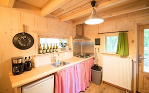 Fridge, microwave, stovetop, coffee/tea maker