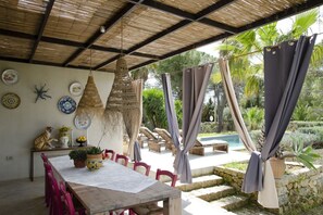 An outdoor dining area with a table and chairs, a hanging light fixture, and a view of a pool and greenery.
