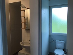 A compact bathroom with a pedestal sink, a toilet, and a window with frosted glass. - Single-storey house in the heart of nature (Loison-sur-Créquoise)
