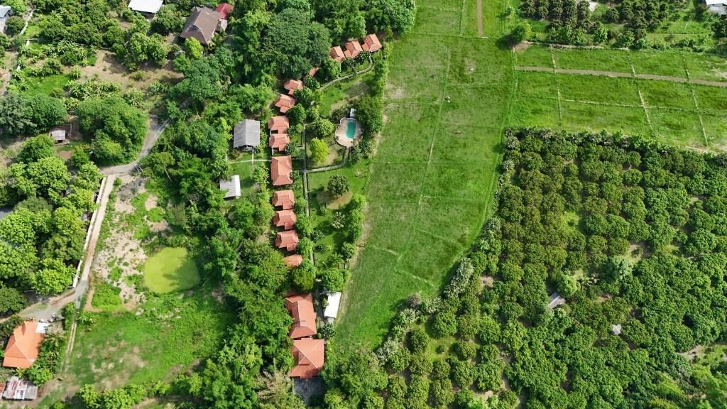 Vista aérea de uma área residencial com casas, campos verdes e uma piscina.