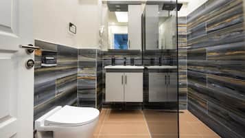 Regadera, secadora de cabello, pantuflas, toallas