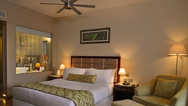 Una habitación de hotel con cama, una silla, una mesita de noche, una lámpara, un ventilador de techo y un cuadro en la pared.