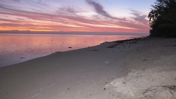 A beach with a calm sea and a sunset sky. - Raina Beach Apartments (Rarotonga)