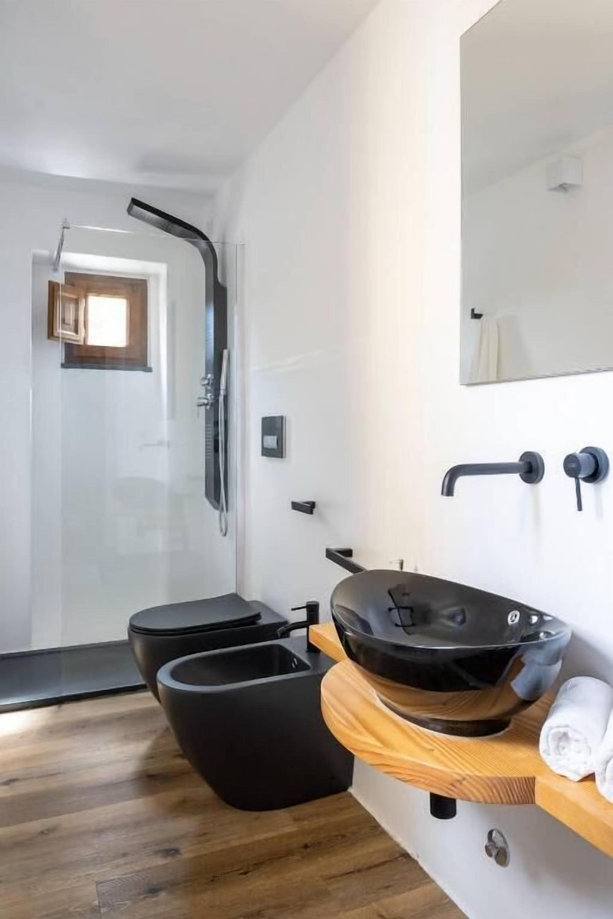 Separate tub and shower, hair dryer, towels, toilet paper