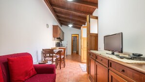 Un espacio habitable pequeño con un sofá rojo, armarios de madera, un televisor y una zona de cocina.
