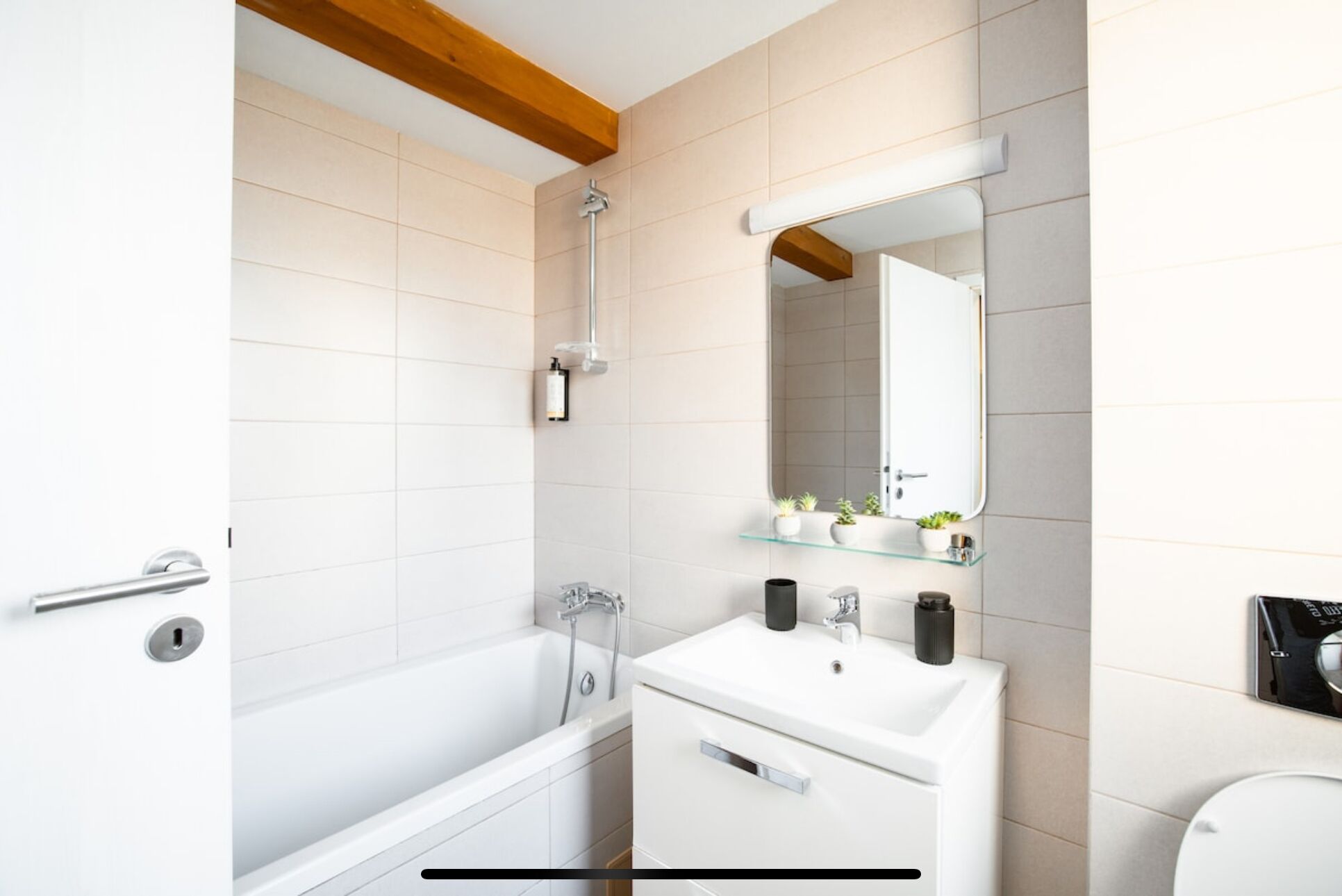 Shower, deep-soaking bathtub, hair dryer, towels