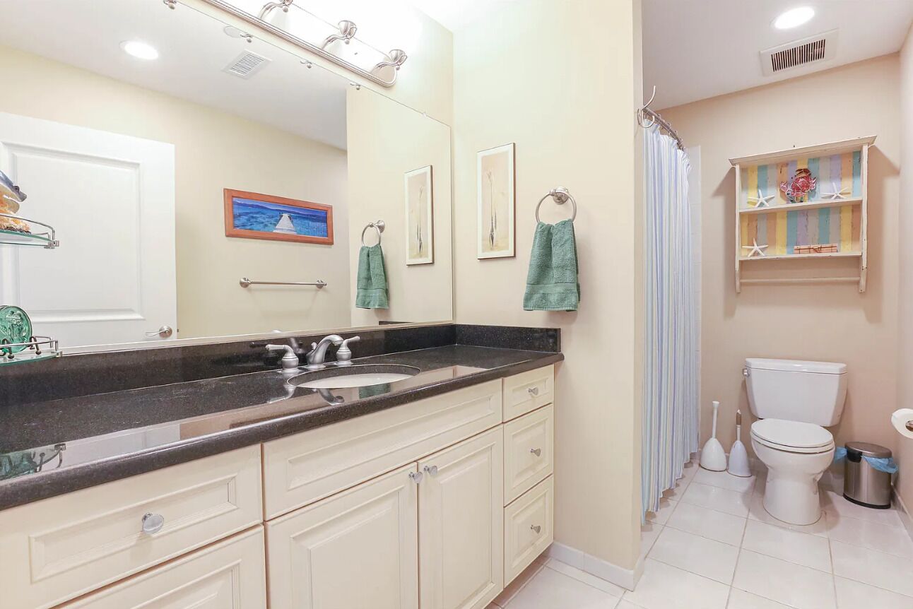 A bathroom with a sink, mirror, toilet, and shower curtain.