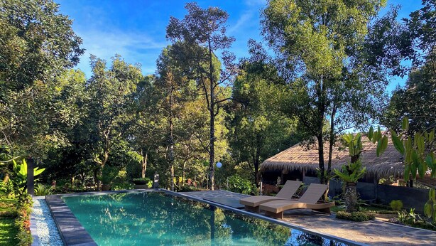 A rectangular swimming pool with clear water, surrounded by lush greenery and a thatched-roof structure. - Wimala Farm House (Munduk)