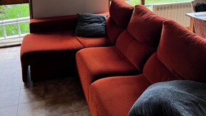 Ein Wohnzimmer mit einem roten Sofa, einem Elefantenbild und Blick auf eine grüne Landschaft durch große Fenster.