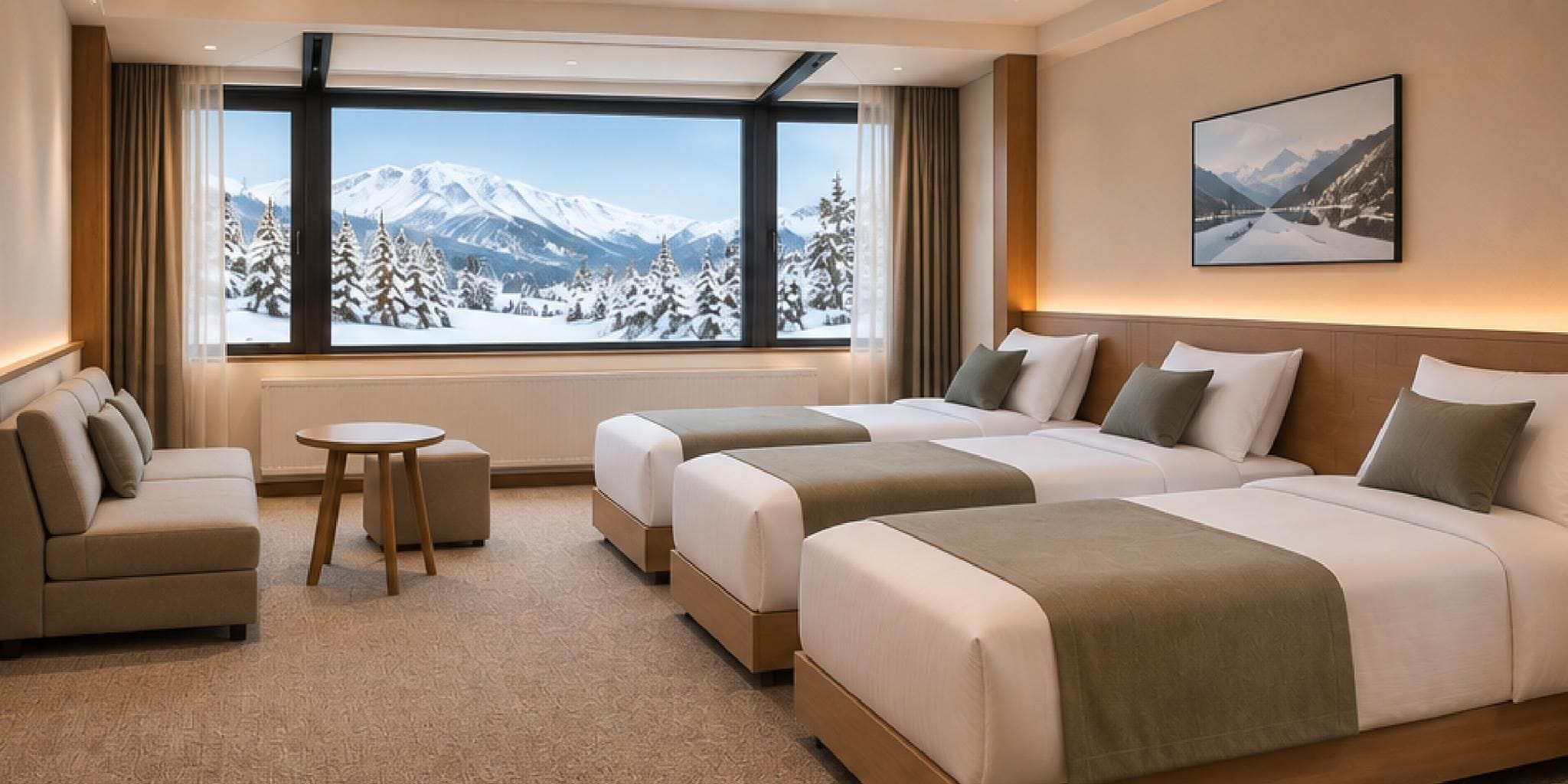 Habitación de hotel con un ventanal grande, dos camas, un sofá y una mesita.