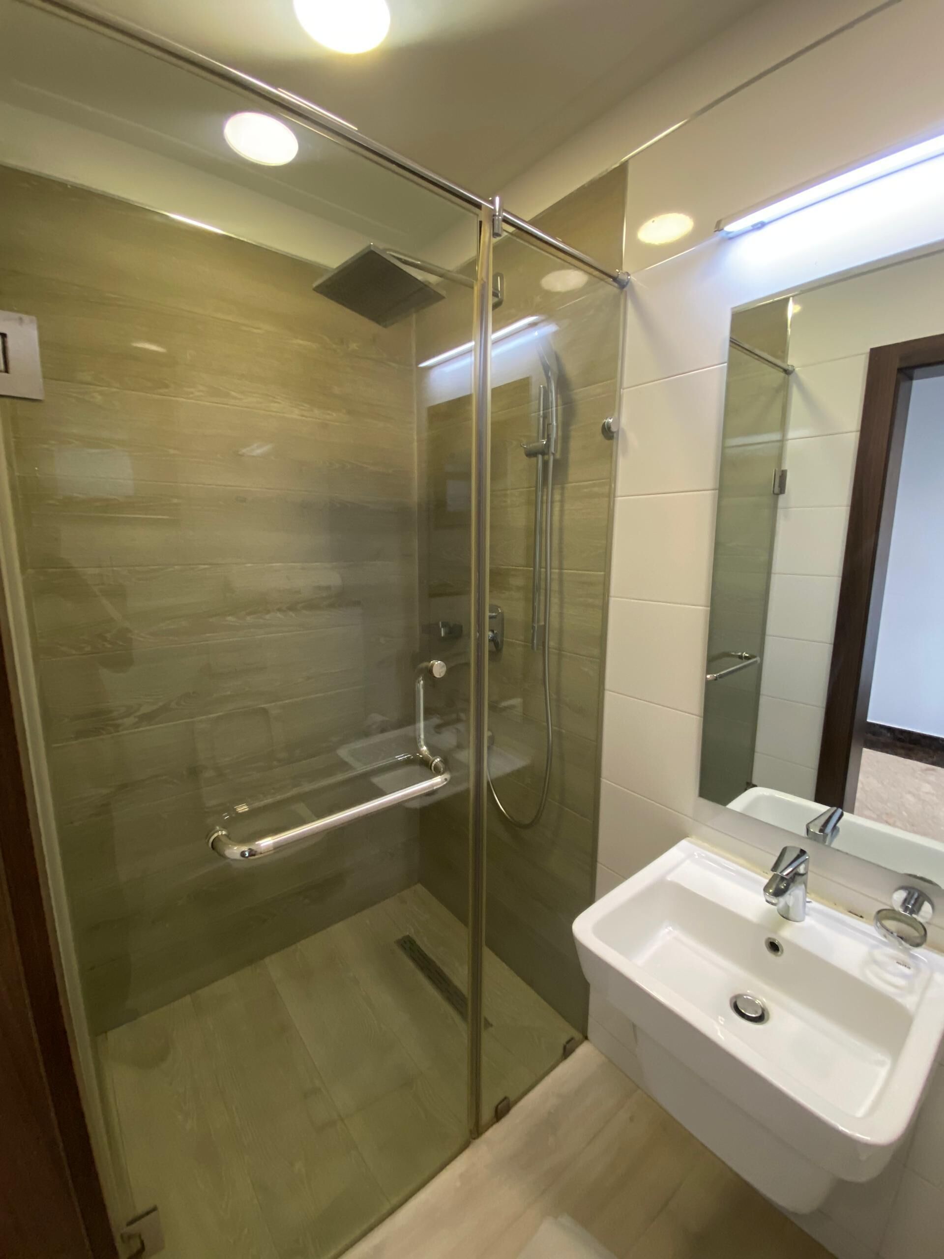 A modern bathroom with a glass-enclosed shower, a white sink, and a mirror above it.