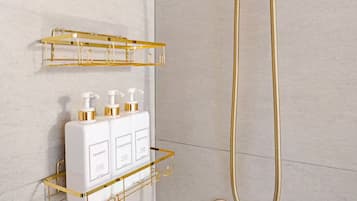 Douche, séchoir à cheveux, serviettes fournies, savon