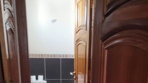 Un pasillo estrecho que conduce a un baño con inodoro y pared de azulejos.