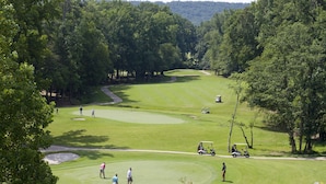 A golf course with a clear view of the fairway, sand bunkers, and trees. - Callaway Gardens (Pine Mountain)