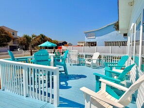 Terrace/patio - Stay at The Lazy Sea Pony in Oak Island: 5BR, ocean view, private heated pool, sleeps 12. (Oak Island)