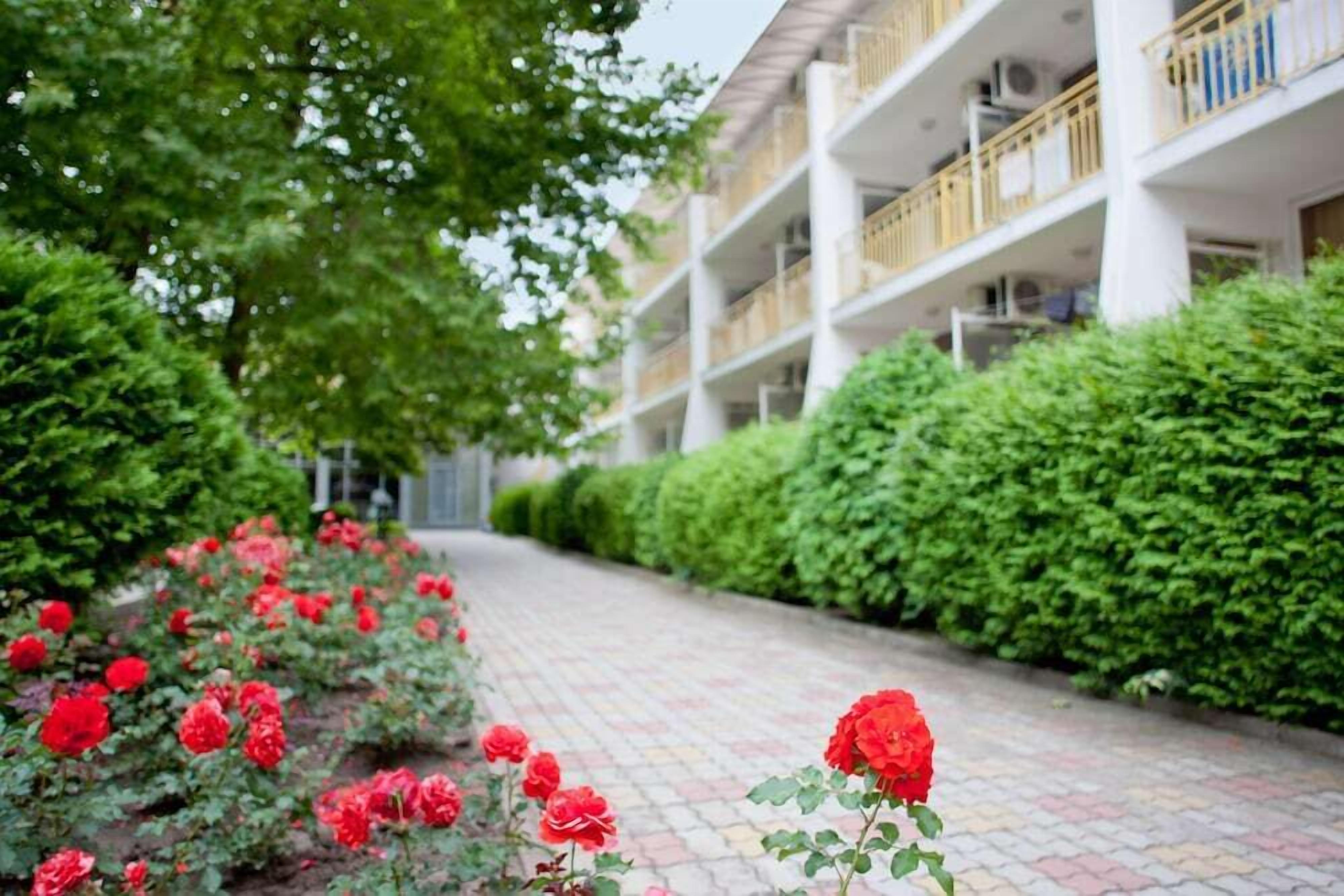 A pathway lined with red roses leading to a modern building with multiple balconies and a white facade.