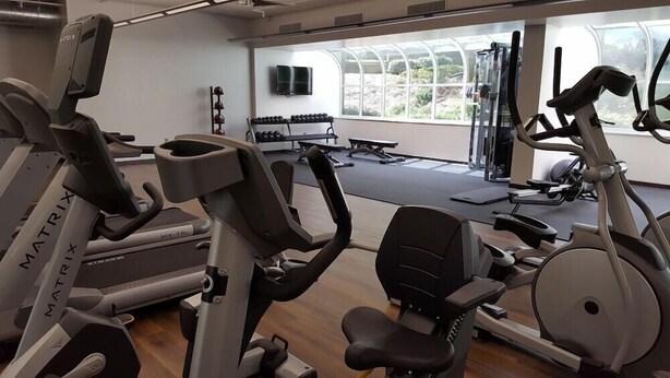 A gym with cardio machines, weight benches, and a large window with a view of greenery. - The Ingleside Hotel (Pewaukee)