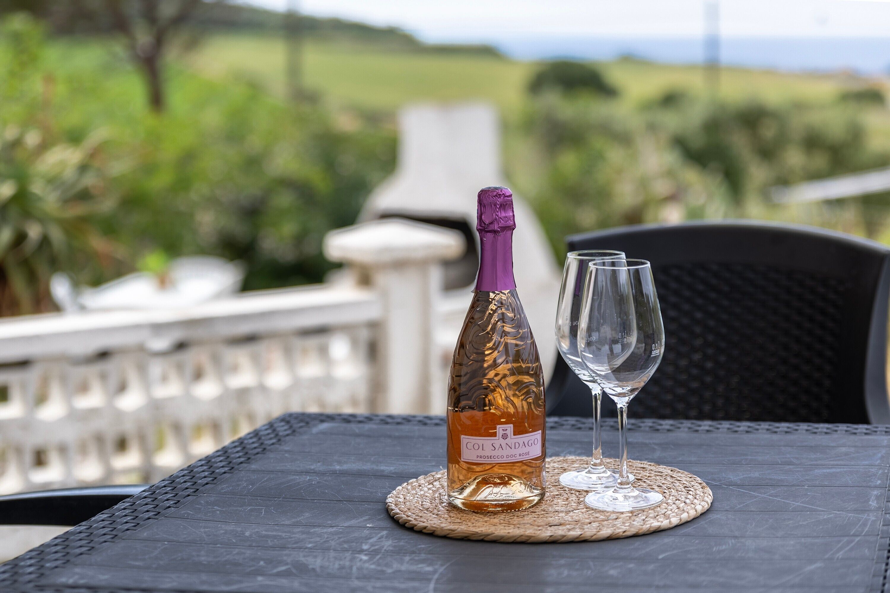 Eine Weinflasche und ein Glas auf einem Tisch mit Blick auf Grünanlage und eine weiße Brüstung.
