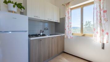 Kühlschrank, Herdplatte, Wasserkocher mit Kaffee-/Teezubehör