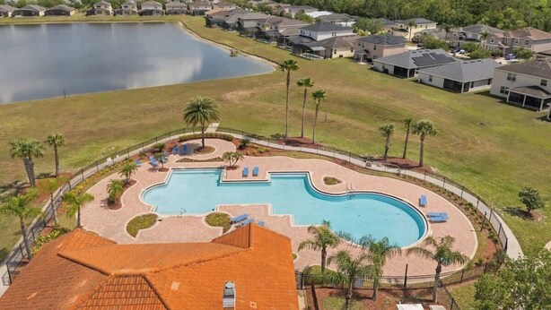 A residential area with a large swimming pool surrounded by palm trees and lounge chairs. - 4 Bed Close to Disney Private Pool (Kissimmee)