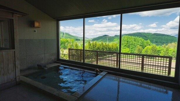 A room with a large window offering a view of green hills and a clear sky. - Furano Hotel (Furano)
