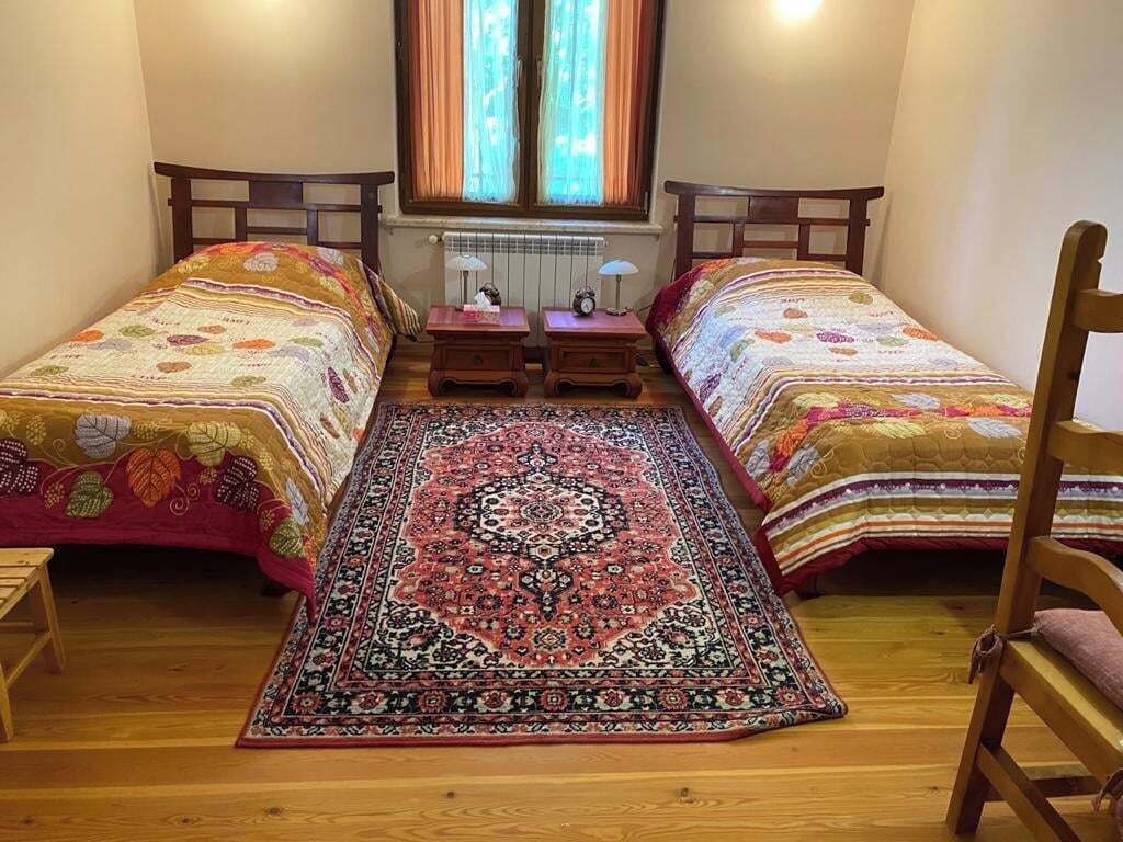 Un dormitorio con dos camas individuales, un tapete grande con diseño, muebles de madera y una ventana con cortinas.