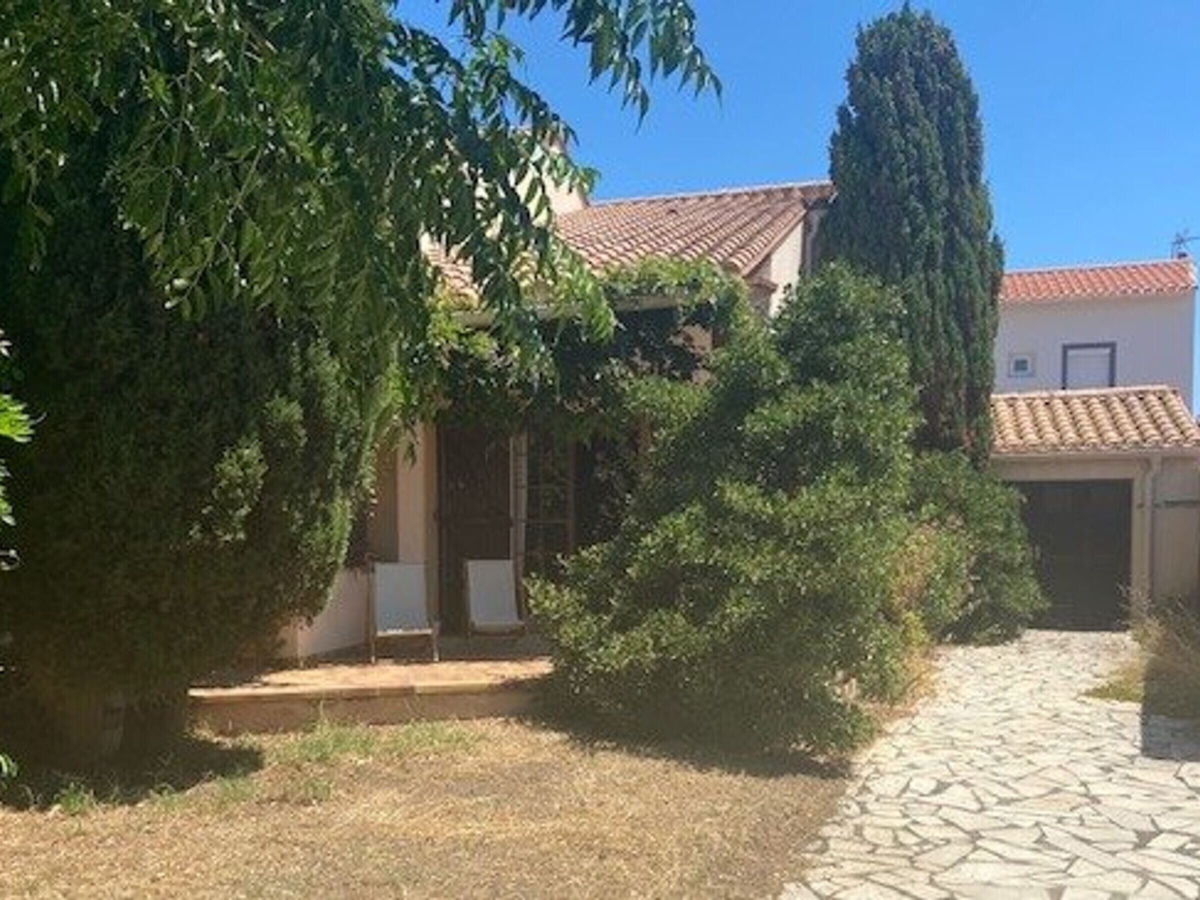 A stone pathway leading to a building with a tiled roof, surrounded by greenery and a tall tree.