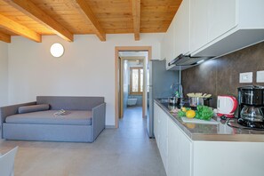 Departamento familiar, varias habitaciones (Residenza Lugana - Apt 3) | Cocineta privada | Refrigerador, microondas, parrilla de estufa y cafetera y tetera 