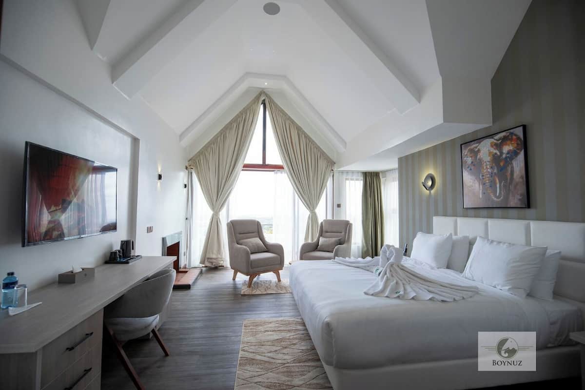 A modern hotel room with a large bed, a desk, two armchairs, and a TV.