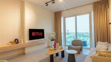 Smart TV, DVD player, music library, stereo