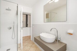 Shower, hair dryer, towels, toilet paper