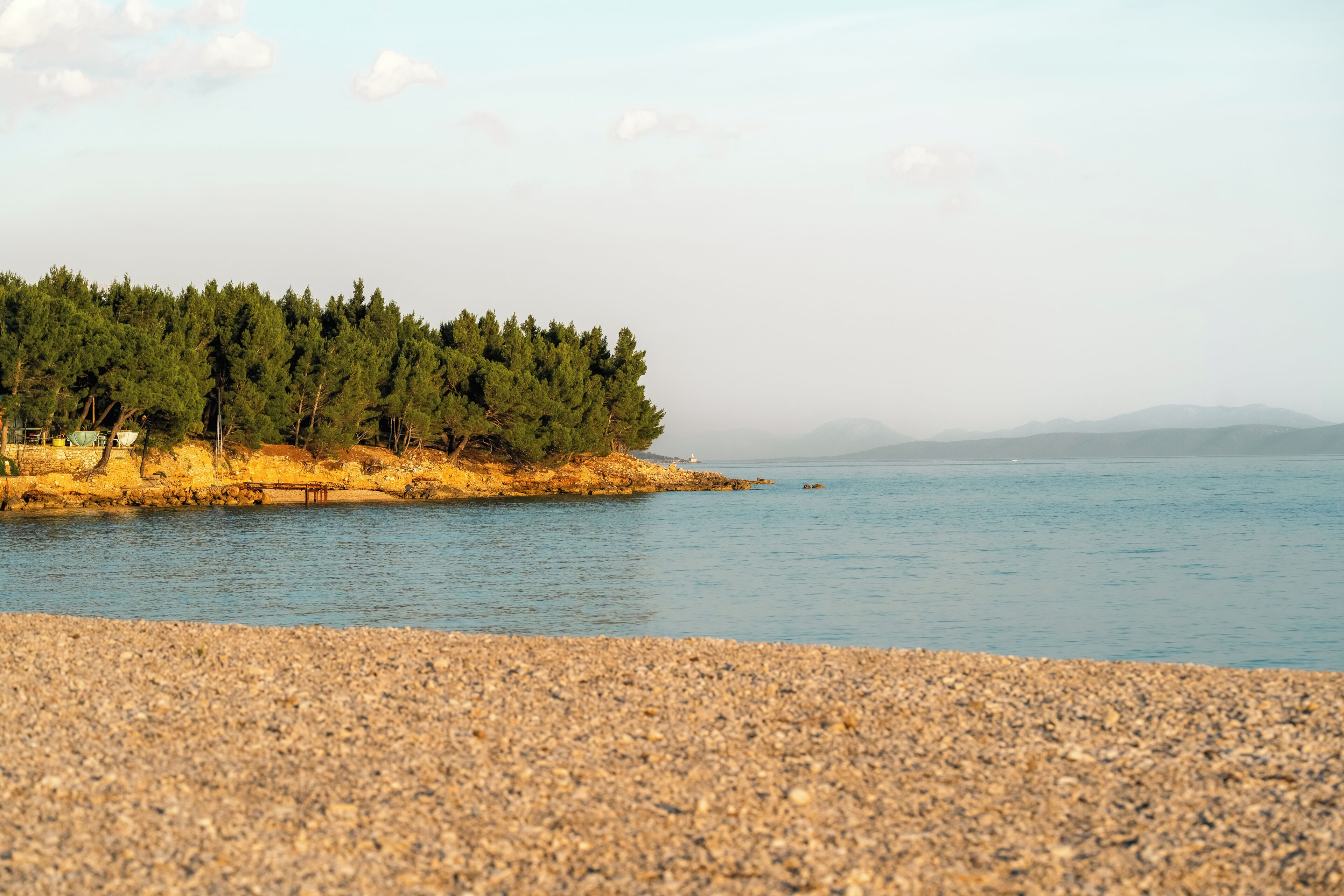 A pebble beach with a forested area and a body of water.