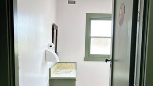 A narrow hallway with a white door, a small window, and a sink with a mirror.