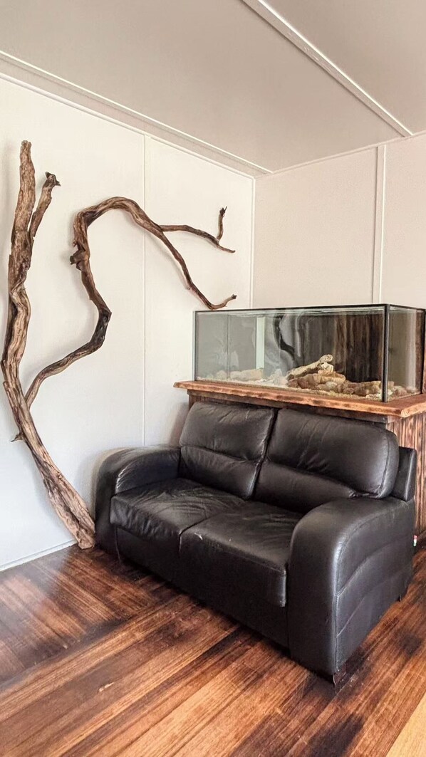 A room with a black leather sofa, a glass fish tank on a wooden stand, and a large branch decoration on the wall.