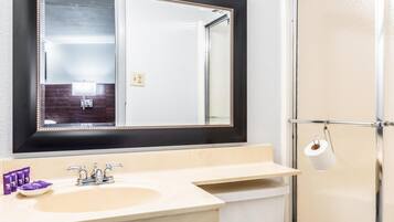 A bathroom with a large mirror, a sink, and a shower.