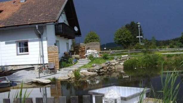 A house with a sloped roof, a small window, and a wooden fence in front of a pond.