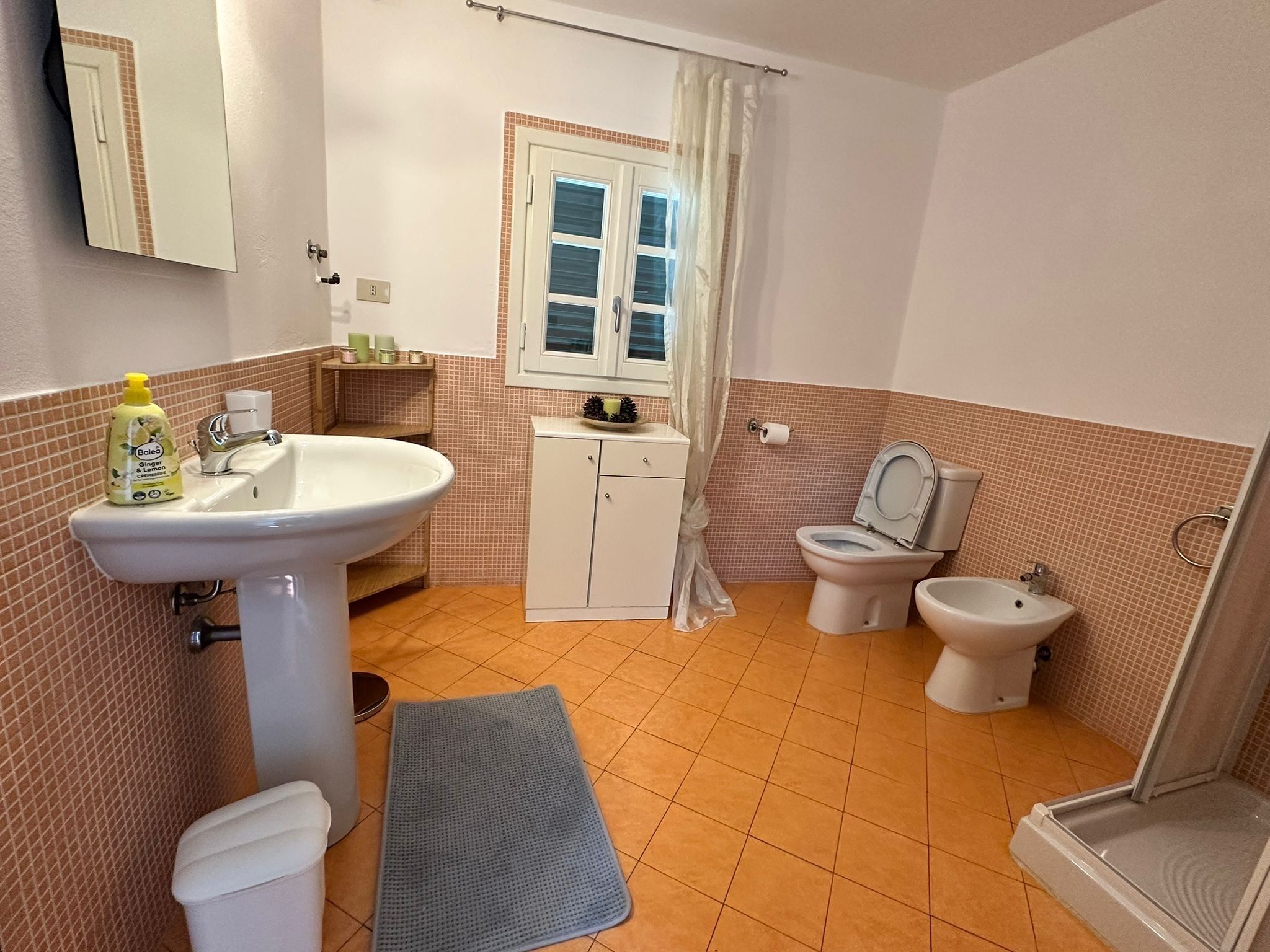 Un bany amb rentamics, vàter, bidet i plat de dutxa.