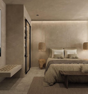 A modern bedroom with a bed, bedside tables, and a bench. - The Noverian Antama Organic Beach Resort Chania (Chania)
