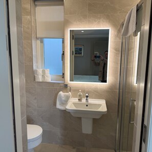 Regadera, secadora de cabello, toallas, jabón 