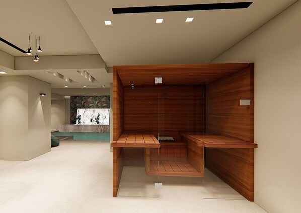Un intérieur moderne avec un banc en bois, un éclairage encastré et un panneau de commande fixé au mur.