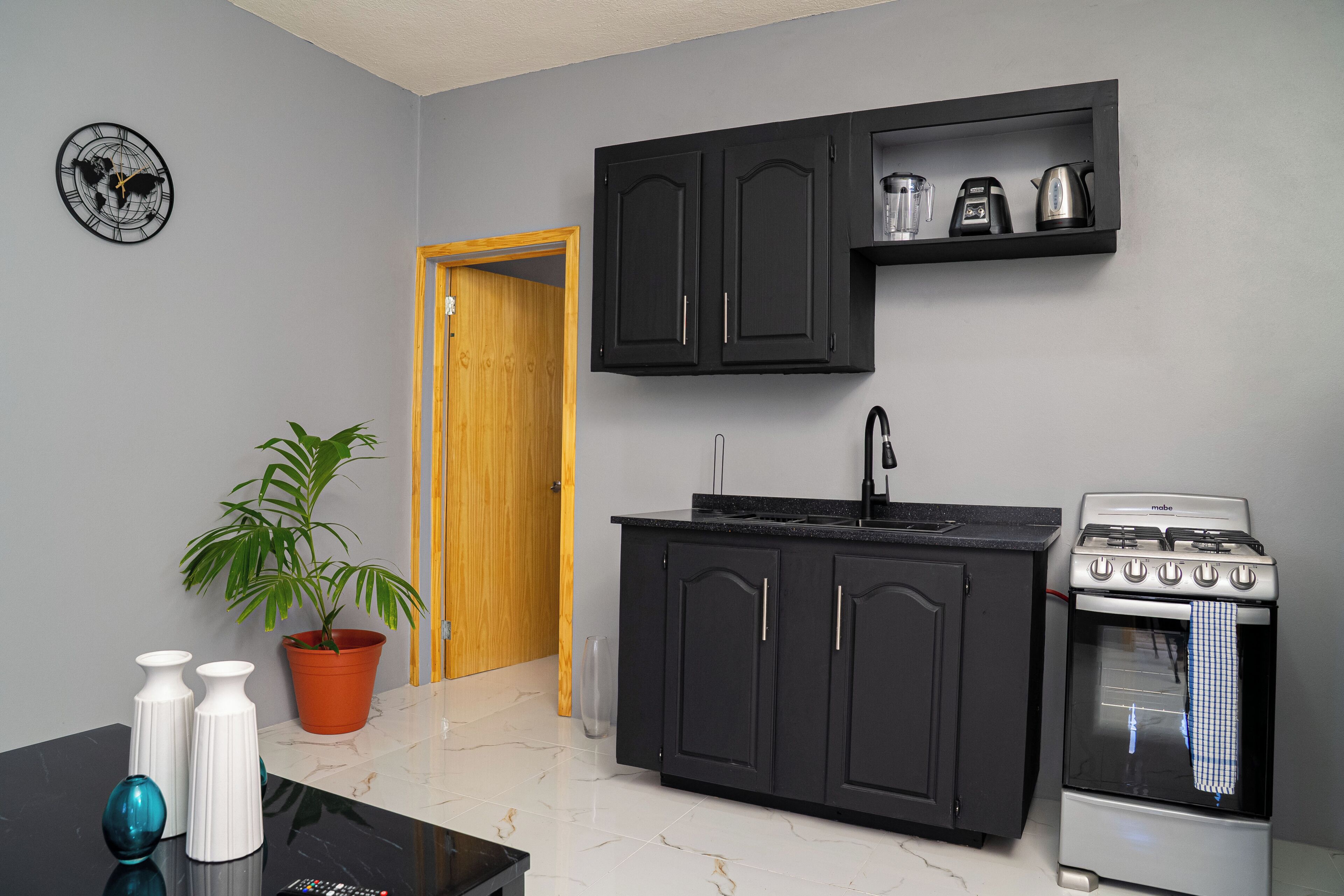 A kitchen with black cabinets, a stove, and a potted plant.