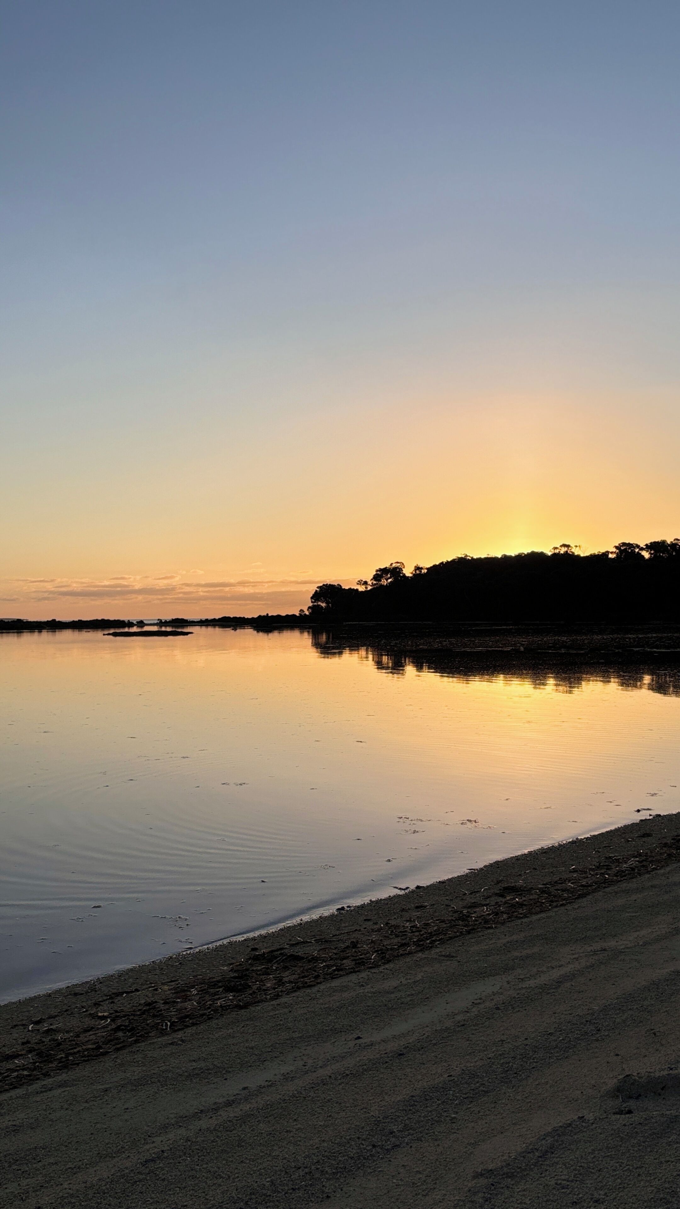 A calm body of water reflecting the sky, a distant shoreline with trees, and a dirt path leading to the water.