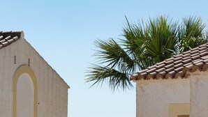 Ein Küstengebäude mit Meerblick, einer Palme und einem Ziegeldach.