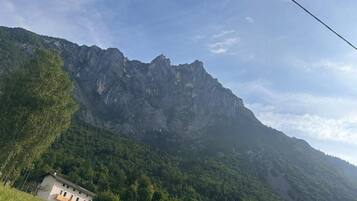 Eine Berglandschaft mit einem Haus, das zwischen Bäumen liegt.