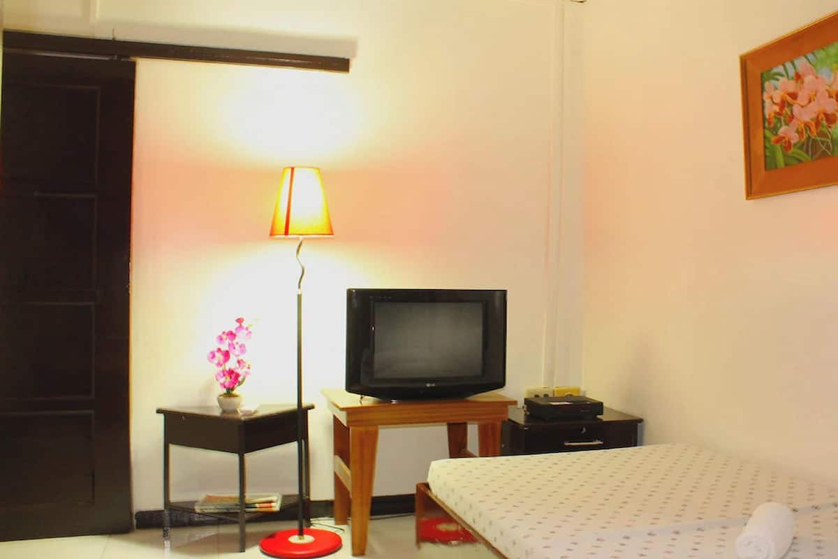 Una habitación de hotel con una cama, un televisor sobre un mueble de madera, una mesita con una lámpara y un cuadro en la pared.