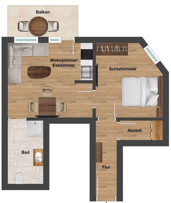 Un hôtel dont les chambres sont aménagées avec un balcon, un salon, une chambre, une salle de bain et un hall d’entrée.
